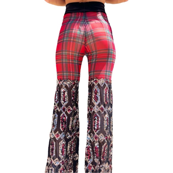 Disco Lemonade X Lux Muse Red Plaid & Sequin Mix Media Bell Bottom Flare Pants - Picture 9 of 15